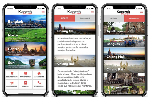 Tres pantallas de páginas de viajes móviles creadas con complementos de aplicaciones de Android