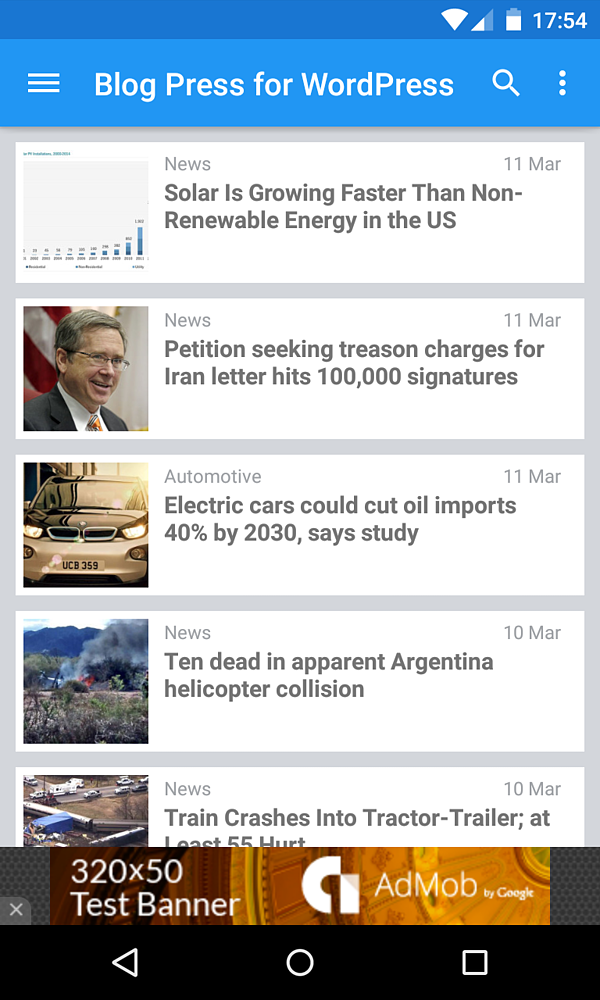 Pantalla de inicio del sitio de noticias móvil creado por el complemento BlogPress