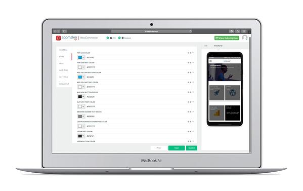 Página de configuración de Appmaker WP donde puede personalizar el aspecto de su aplicación