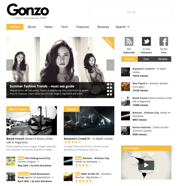 Página de inicio de una demostración del tema Gonzo Magazine con las calificaciones de los usuarios mostradas