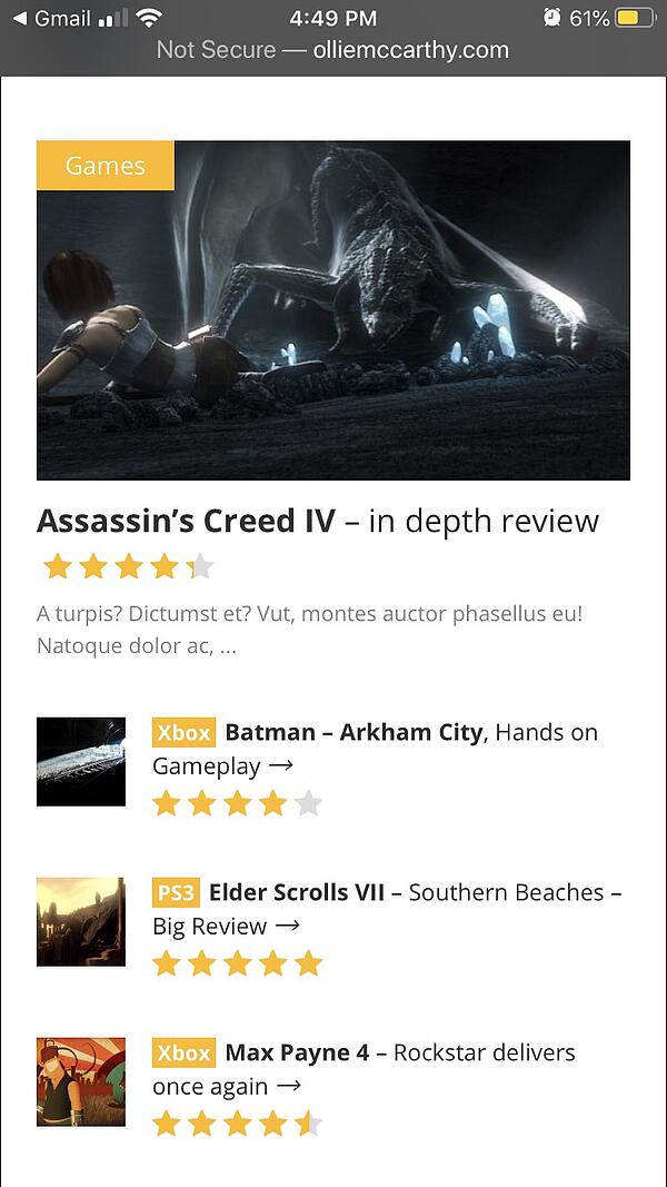 Visualización móvil de un sitio de juegos creado con un tema receptivo de Gonzo