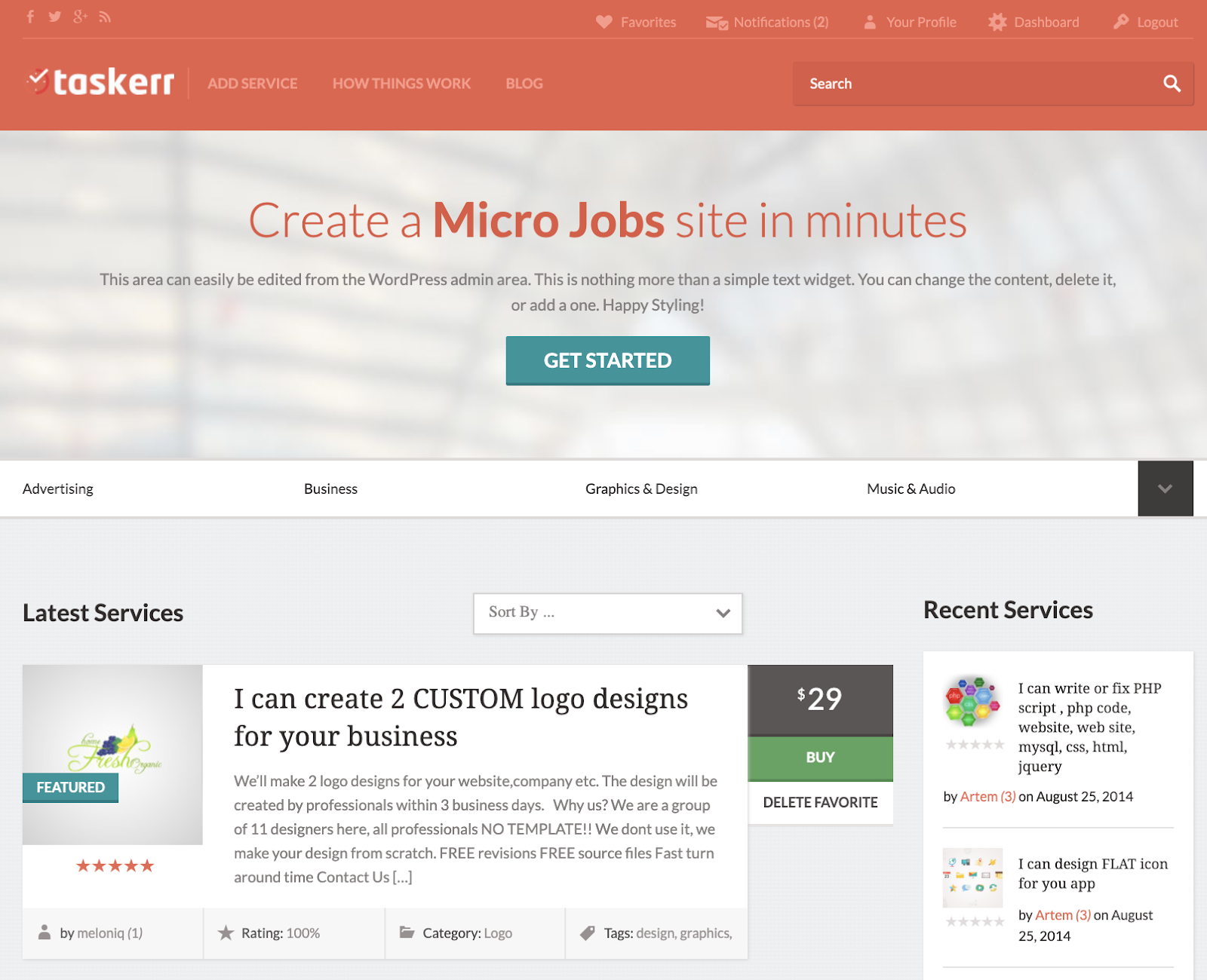 página de microtareas de demostración con el tema de wordpress taskerr