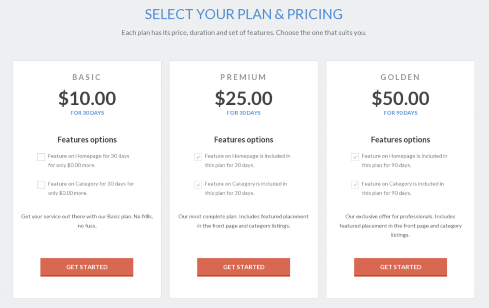 Tres planes de precios disponibles al crear una micropágina de tema de wordpress de taskerr