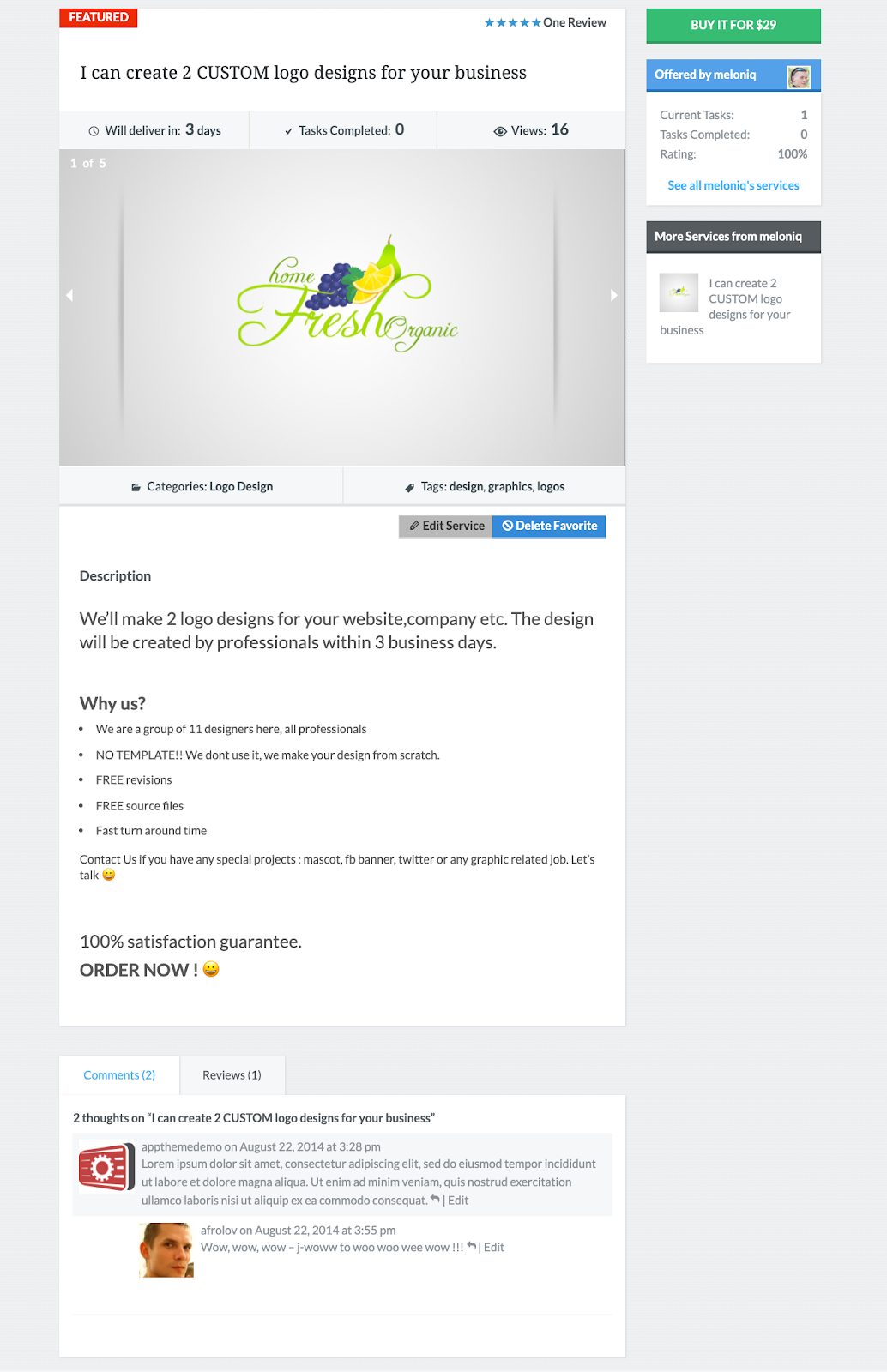 Lista de servicios para diseños de logotipos en la página de demostración de microtrabajo utilizando el tema de wordpress taskerr