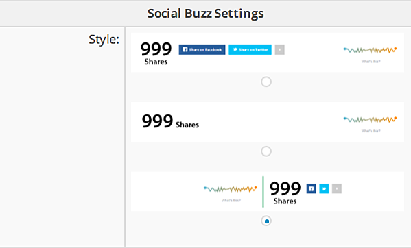 En la configuración del complemento Social Buzz WordPress, elija uno de los tres estilos diferentes para mostrar los botones y datos para compartir en redes sociales