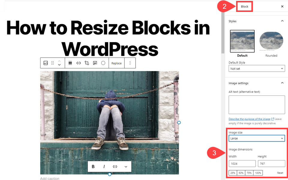 opciones de imagen, cómo cambiar el tamaño de los bloques en wordpress