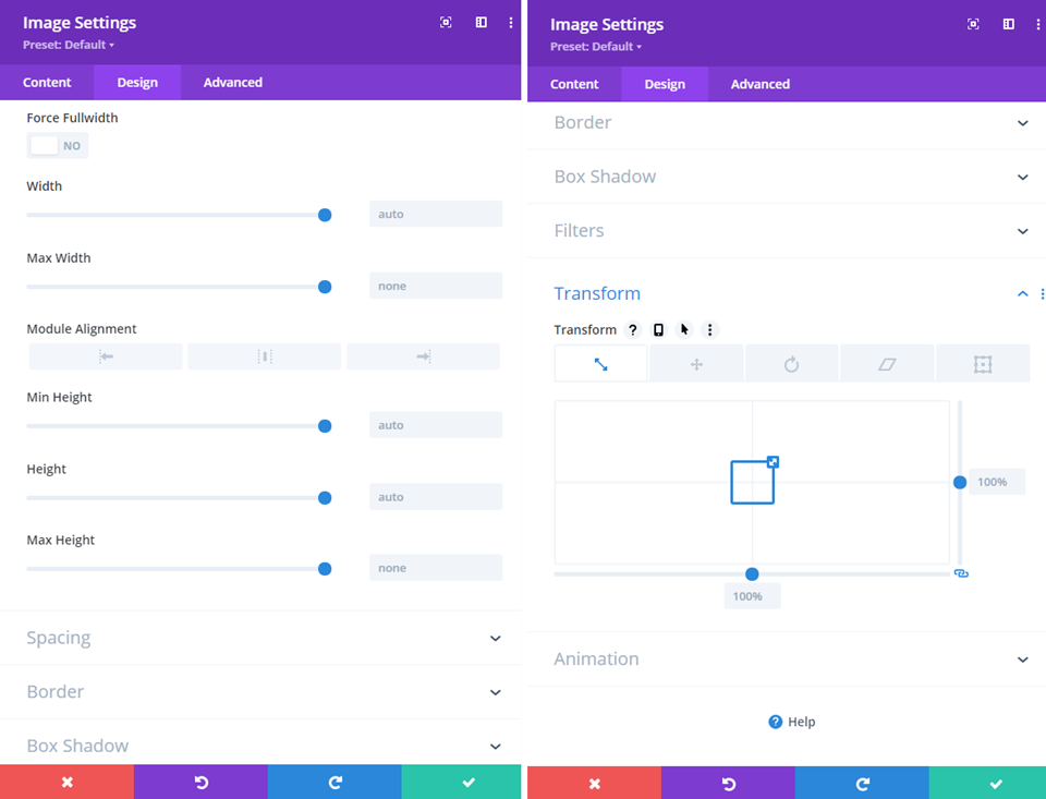 Opciones de cambio de tamaño de Divi