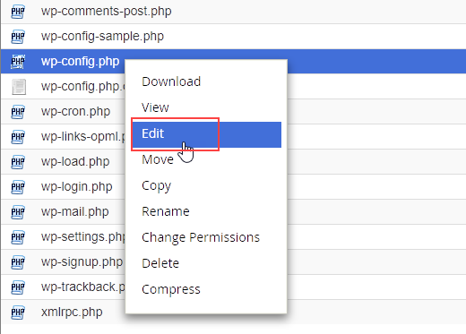 Haga clic derecho en wp-config.php y haga clic en Editar