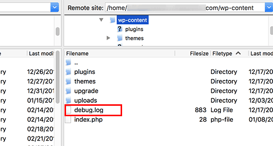 Navegue a la carpeta / wp-content / en el Administrador de archivos y luego ubique el archivo debug.log