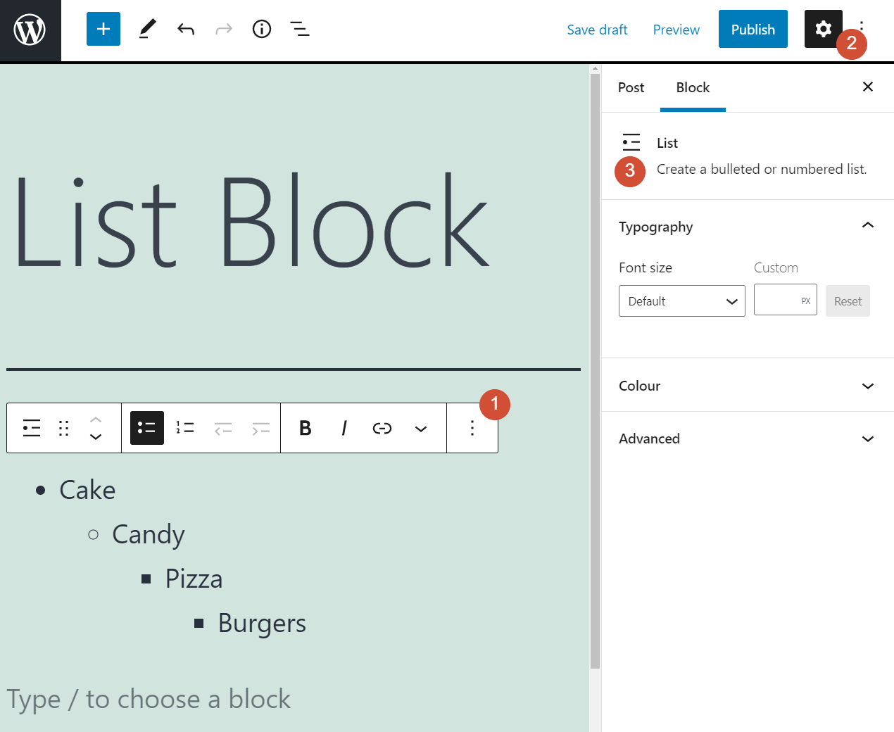 Acceder a la configuración y opciones del bloque de lista