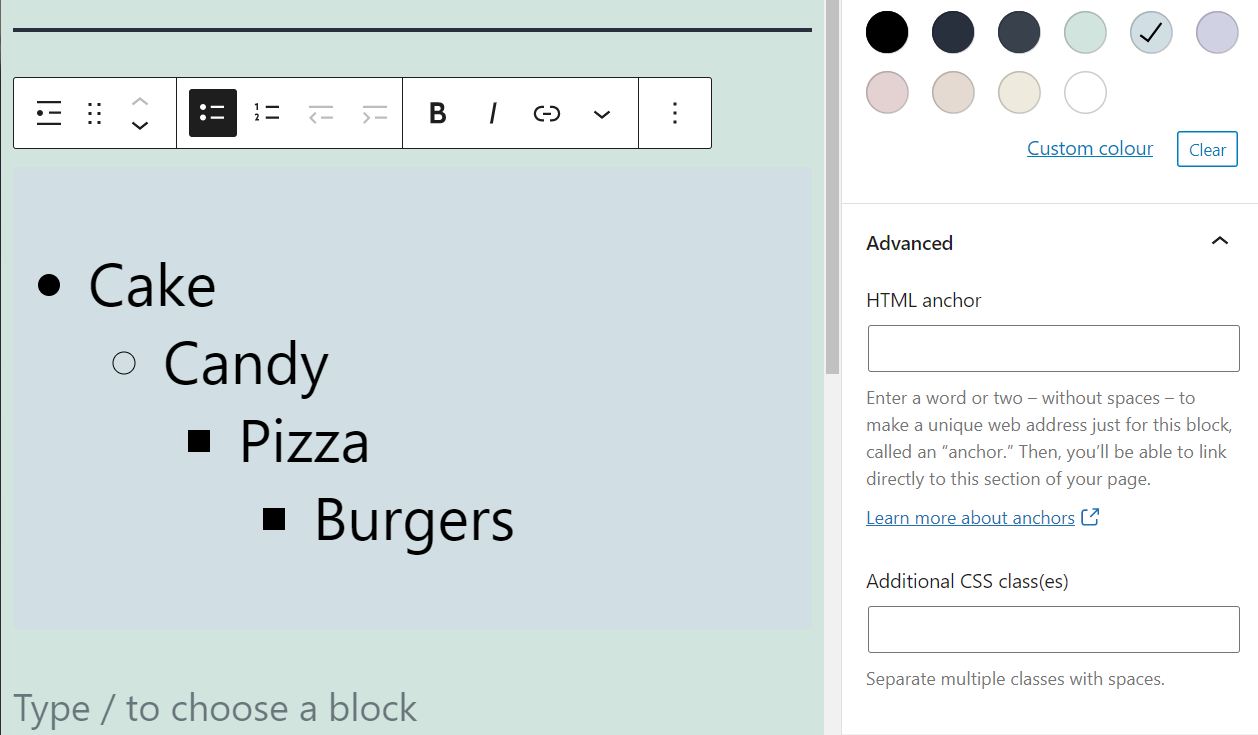 Agregue clases CSS y anclajes HTML a un bloque