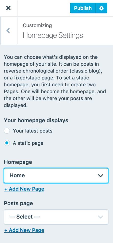 En la pestaña Configuración de la página de inicio del editor de Gutenberg, puede reemplazar la página de inicio predeterminada con una página personalizada