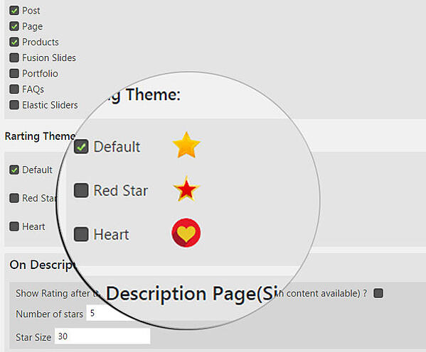 Tema de calificación predeterminado marcado en la configuración del complemento de WordPress.