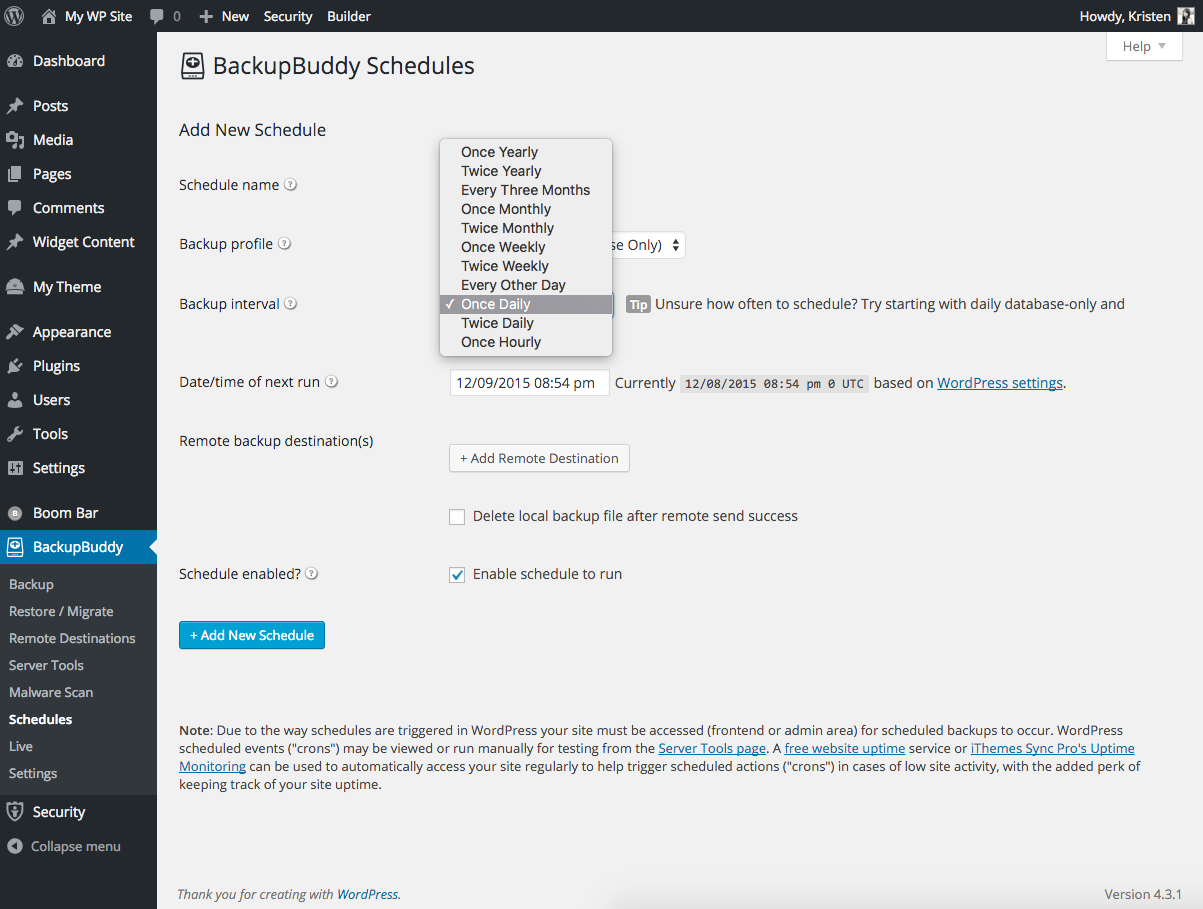 programaciones de copia de seguridad en la descripción general de los temas de backupbuddy