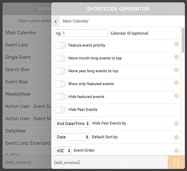 Use el generador de shortcode de EventOn para insertar el contenido de su calendario en sus publicaciones y páginas de WordPress
