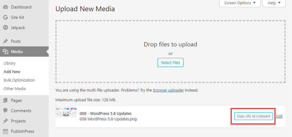 Enlace de copia de imagen de WordPress 5.8