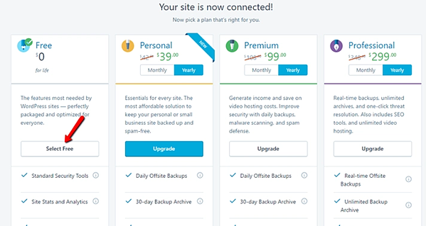 Al conectar su sitio de WordPress al complemento Jetpack, elija un plan gratuito