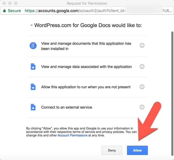 Haga clic en Permitir para dar permiso a WordPress.com para acceder a sus documentos de Google Drive