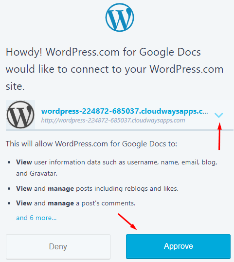 Seleccione el sitio que desea vincular a WordPress.com para Google Docs en el menú desplegable y haga clic en Enviar