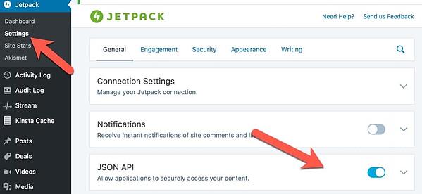 Asegúrese de que la API JSON esté habilitada en la configuración del complemento antes de descargar la extensión de WordPress.com para Google Docs