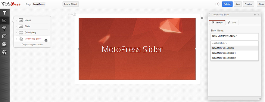 función de creador de estilo visual en el complemento deslizante de MotoPress
