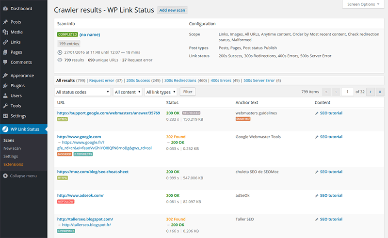 Vea los resultados del robot directamente en el tablero de WP con el complemento WP Broken Link Status Checker
