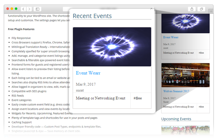 Widget de eventos recientes en la descripción general del complemento WP Event Manager