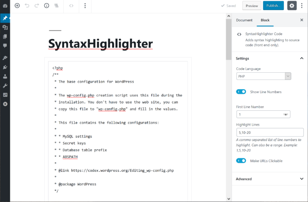 Configure los ajustes del bloque de código en la columna de la derecha con el complemento SyntaxHighlighter