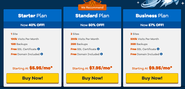 Los planes de tres niveles de HostGator ofrecen alojamiento para su sitio de WordPress