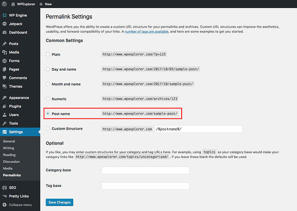 Cambie la estructura de URL en la pestaña Configuración de enlace permanente del panel de WP