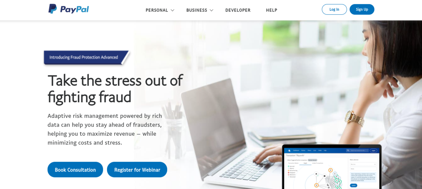 Sitio web avanzado de protección contra fraudes de PayPal.