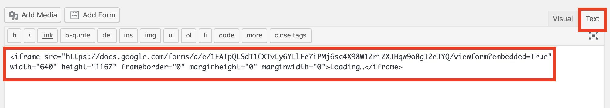 El código HTML en el editor agrega Google WordPress Forms