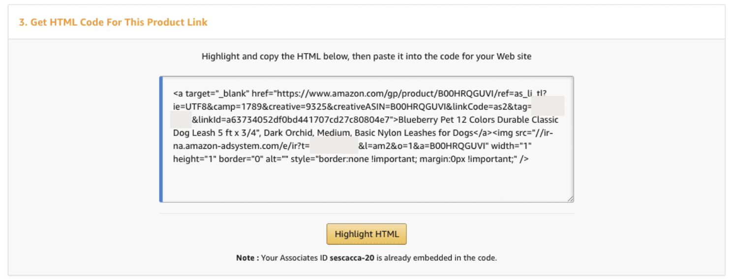 Código HTML sobre cómo agregar enlaces de afiliados de Amazon a sus publicaciones de WordPress