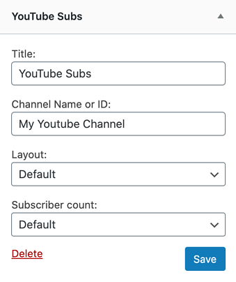 Ventana de opciones del widget de YouTube Subs WordPress para agregar el botón de suscripción de YouTube al sitio web
