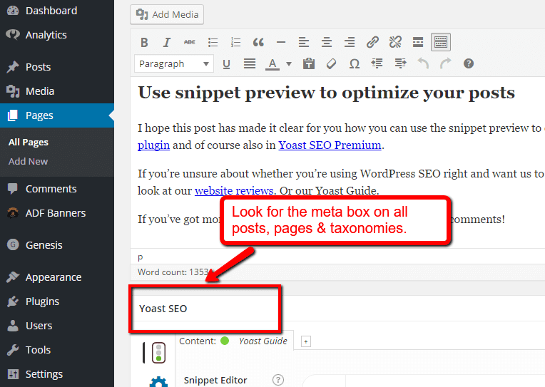 El metabox de Yoast SEO se encuentra debajo del editor de publicaciones.