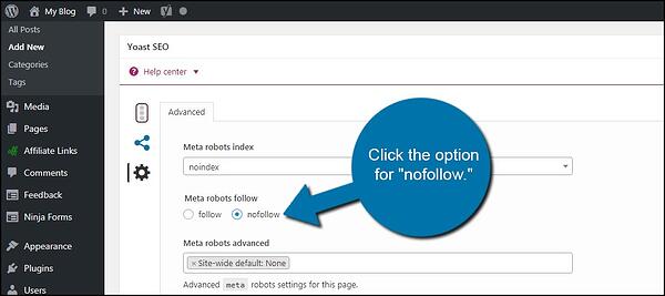seleccione Noindex en el menú desplegable en "Meta Robot Index" en la configuración del complemento Yoast SEO