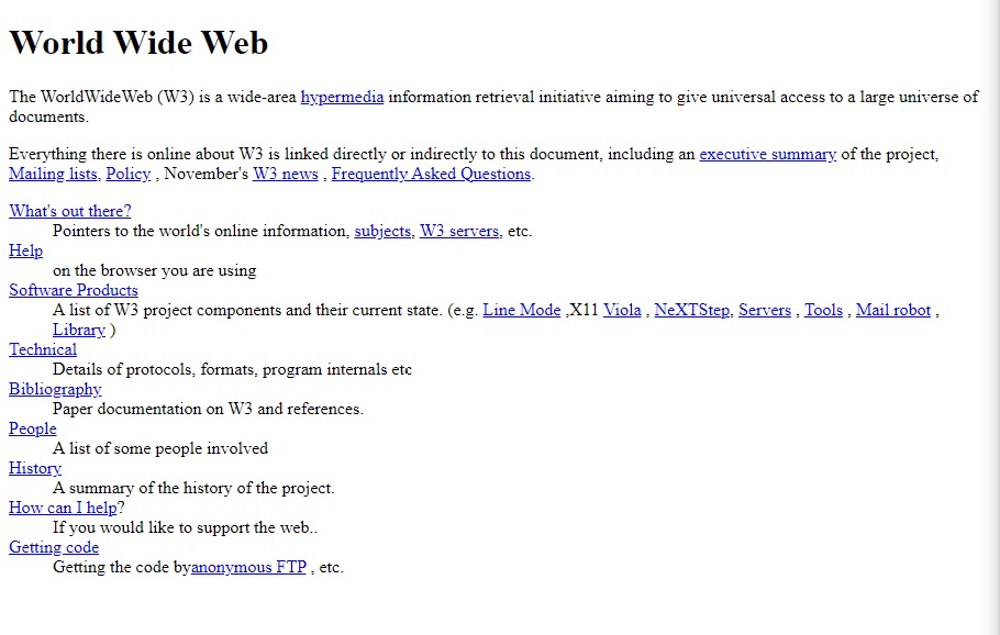 Imagen del primer sitio web HTML estándar del mundo.