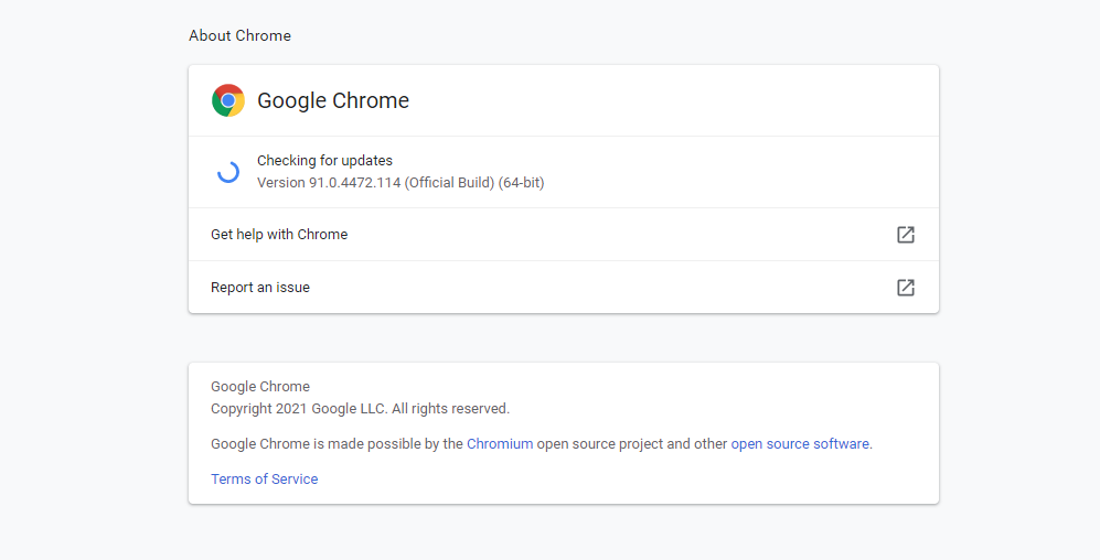 Acerca de la pantalla de Chrome.