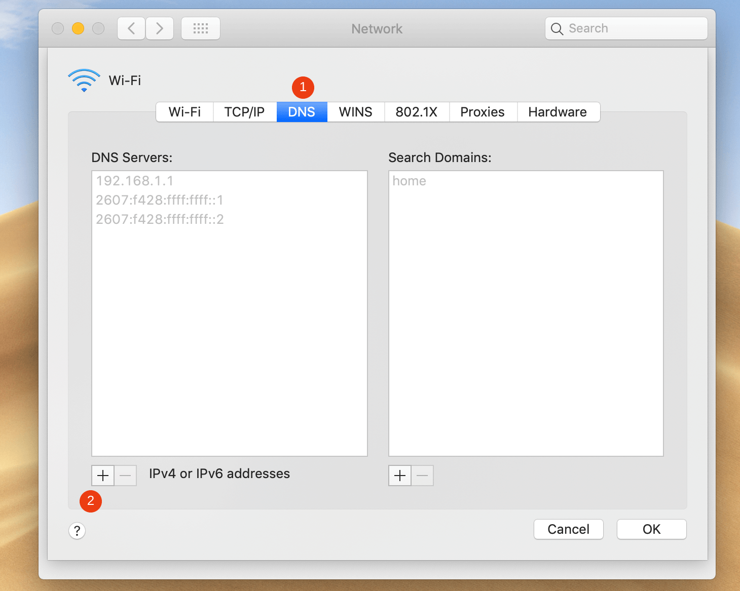 Configuración de DNS de macOS.