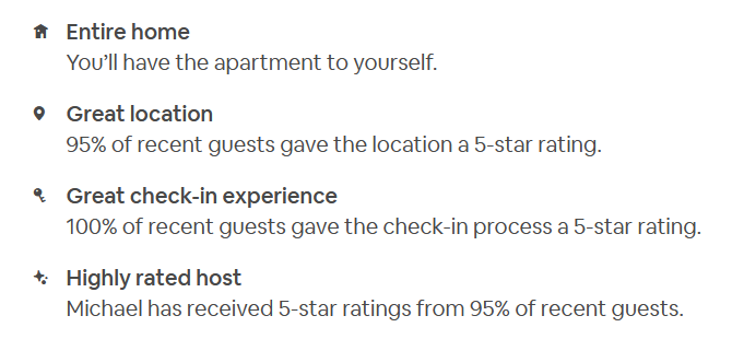 Lista de apartamentos de Airbnb con iconos