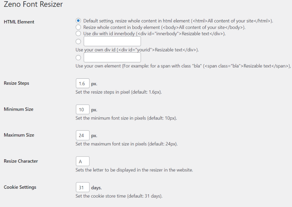 Cambio de tamaño de fuente de Zeno