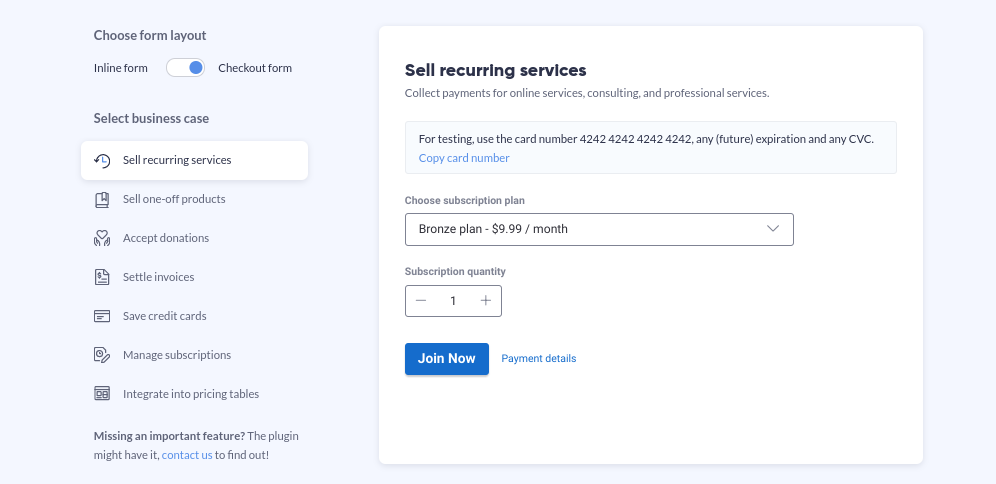 Demostración del complemento WP Full Stripe.