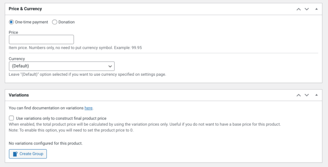 Pantalla de configuración del complemento Aceptar pagos de Stripe.