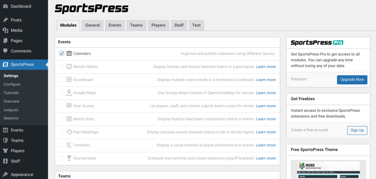 Configuración del complemento SportsPress.