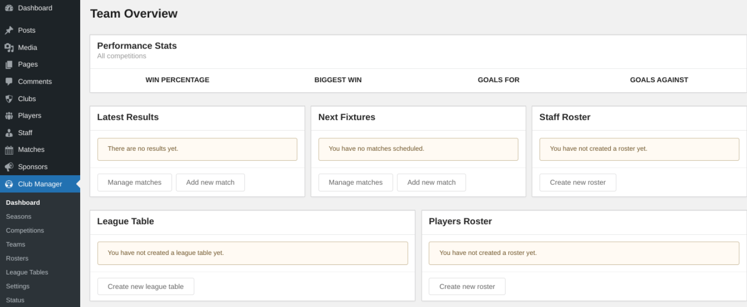 Configuración del complemento WP Club Manager.