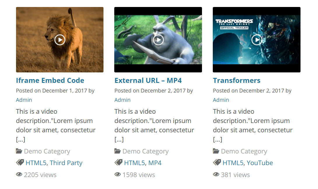 Muestra de la galería de videos en WordPress