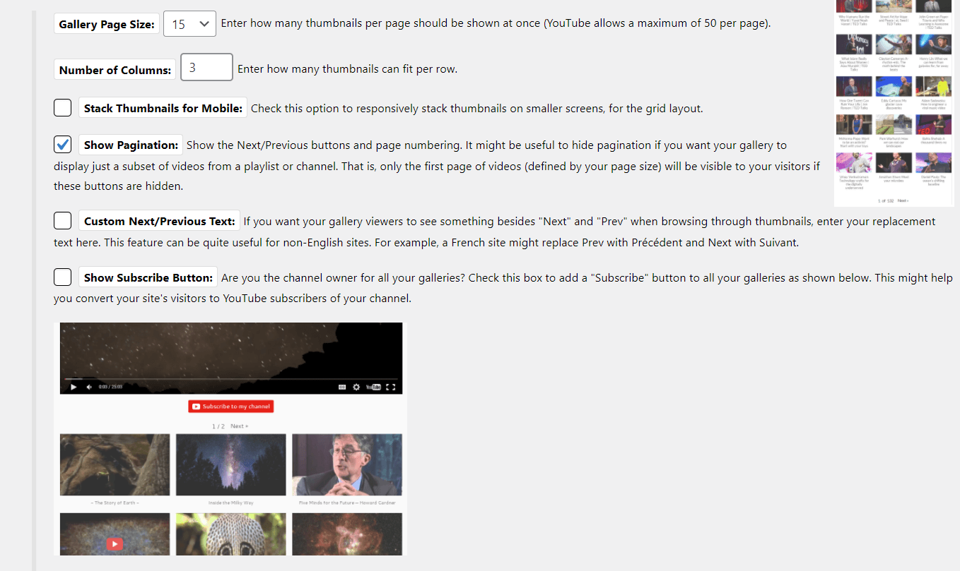 Configuración de los detalles de una galería incrustada para YouTube