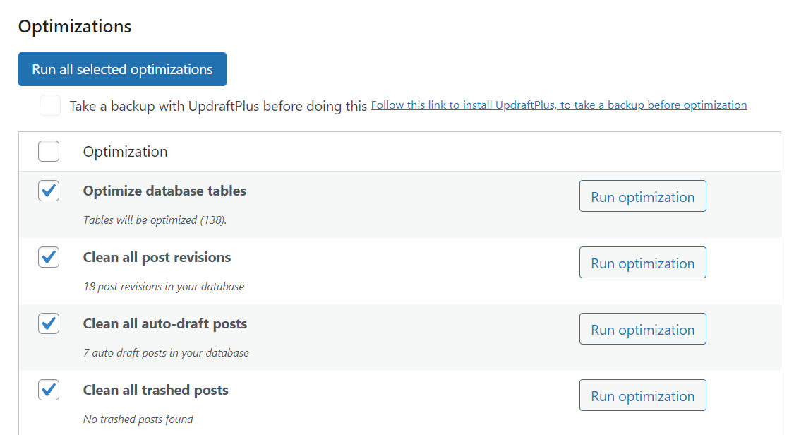 Limpieza de base de datos con WP-Optimize
