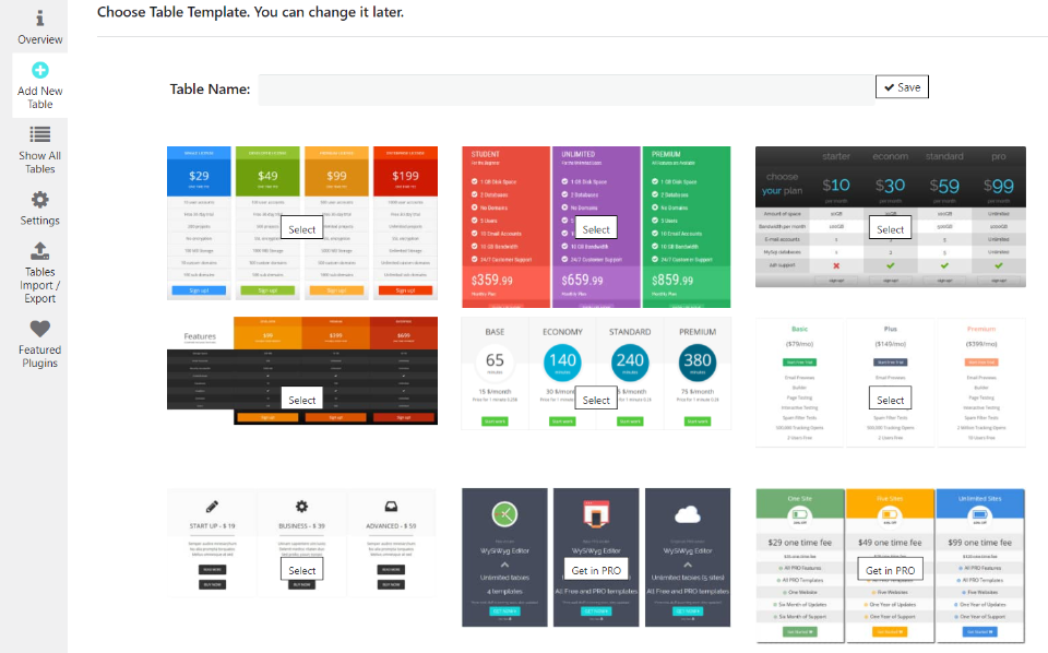 Tabla de precios de Supsystic
