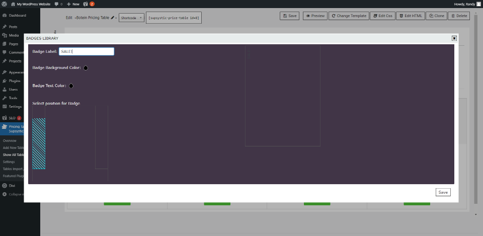 Tabla de precios de Supsystic